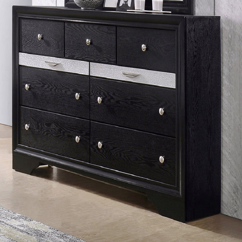 Commode 7 tiroirs, mobilier de chambre à coucher à panneau argenté de luxe moderne 1 pièce Glam