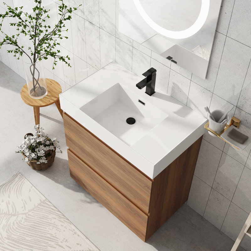 Meuble-lavabo autoportant 29 1/2 po noyer Brownebony - armoire en bois d'ingénierie avec lavabo en résine de qualité supérieure et tiroirs à fermeture douce