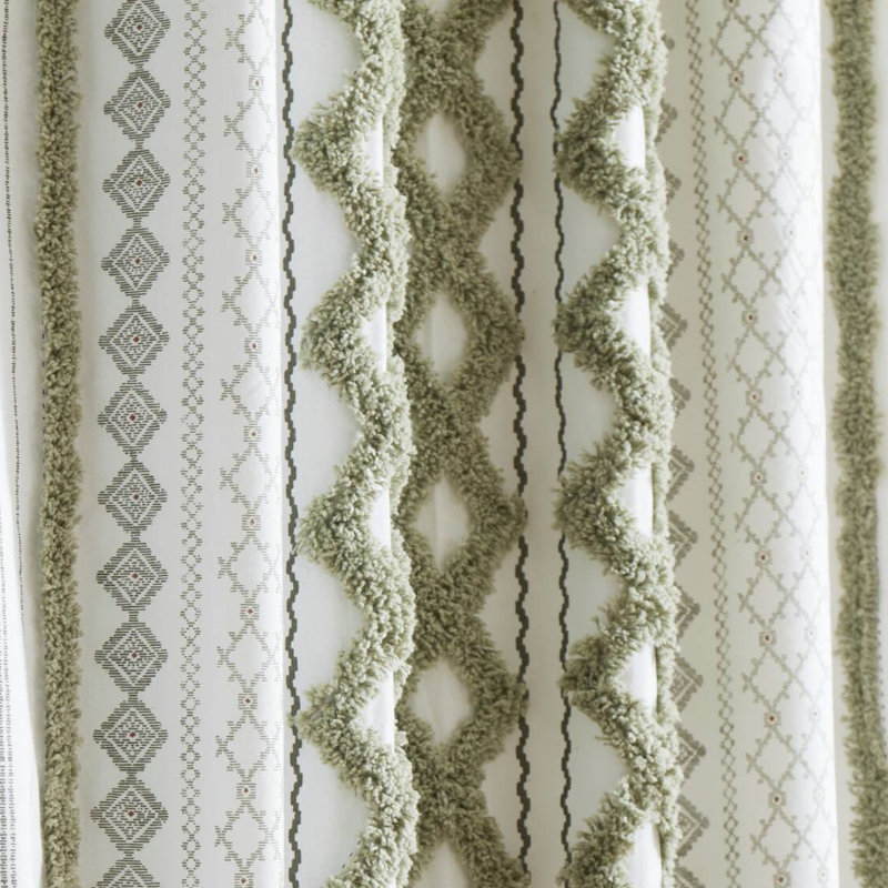 Imani Green 100% Cotton Boho Tufted Chenille Stripe Lined Single 50x95" Curtain Panel, 50" W x 95" L, Green