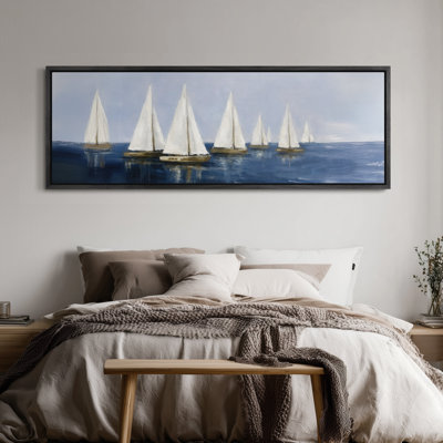 Extra Large Coastal Sailboat Seascape Illustration Framed Canvas Print Wall Art