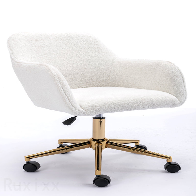 White Modern Teddy Fabric Office Chair, Adjustable Height 360 Revolving Home Office Chair, With Gold Metal Legs And Universal Wheel For Indoor