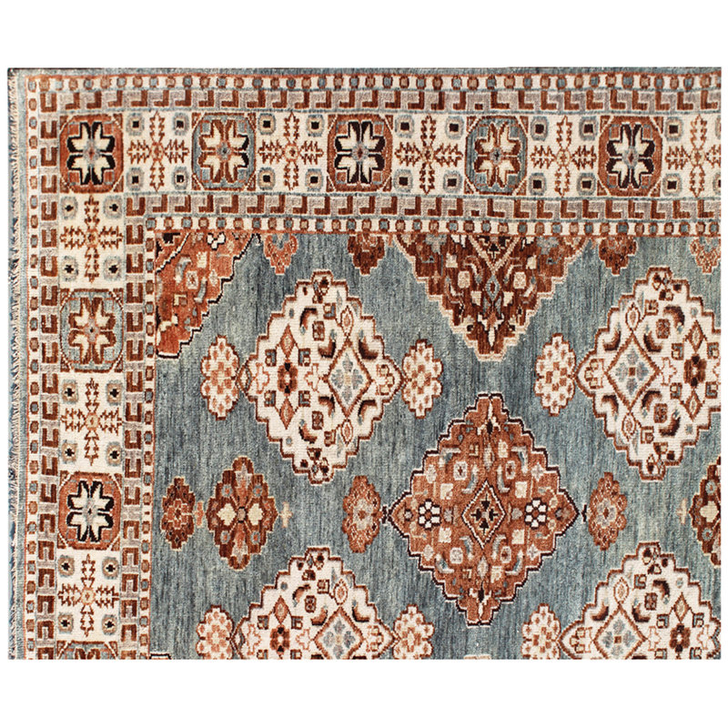 Turquoise & Ivory Hand-Knotted Wool Area Rug 6' x 9' ft– Handmade Traditional Geometric Medallion Design