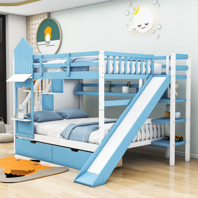 Leedey Castle Style Wood Bunk Bed with 2 Drawers 3 Shelves and Slide by Harper Orchard -  A3504BC4228C49B48671EA0D0F5123B0