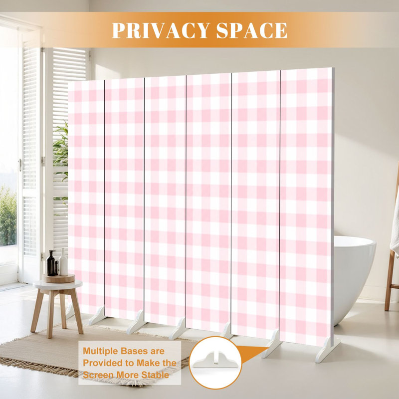 Paravent 6 panneaux à cloison pliable en toile de vichy rose pastel à carreaux doux pastel, 6, H 71 po x l 96 po x P 1 po