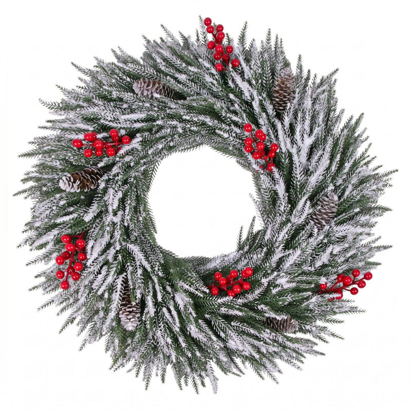 Couronne de Noël artificielle enneigée de 23,6 pouces avec couronne de baies rouges et pommes de pin pour décoration murale de Noël