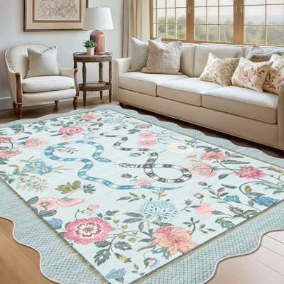 Farmhouse Floral Rug Washable Rug Non Slip Modern Scalloped Carpet, Soft Non Shedding Indoor Carpet, Low Pile Thin Foldable Printed Mat