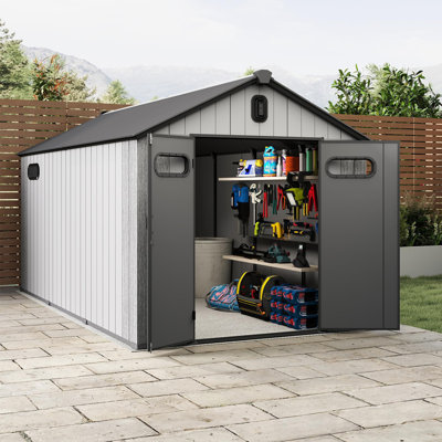 8X16ft Resin Outdoor Storage Shed, Plastic Garden Shed With Carpet, Outside Weatherproof Storage Building For Tools, Bike, Lawn Mower, Patio, Backyard