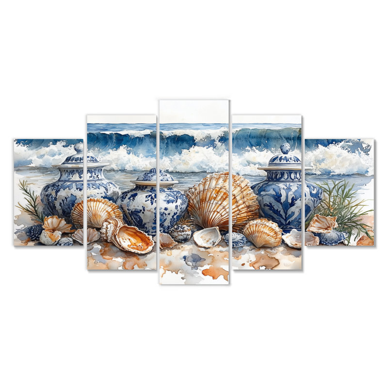 Poterie de plage dans des tons bleus et blancs - Ensemble de décoration murale de poterie de plage