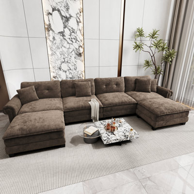 Canapé modulaire de 158 po avec garniture cloutée, sièges surdimensionnés en forme de U avec repose-pieds, canapé profond à 6 places avec coussin décoratif