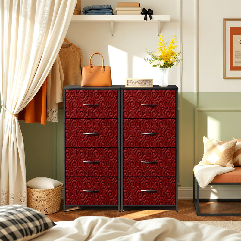 Commode de rangement verticale à 4 tiroirs de couleurs rouge foncé avec motifs géométriques chinois à motifs géométriques et tiroirs en bois