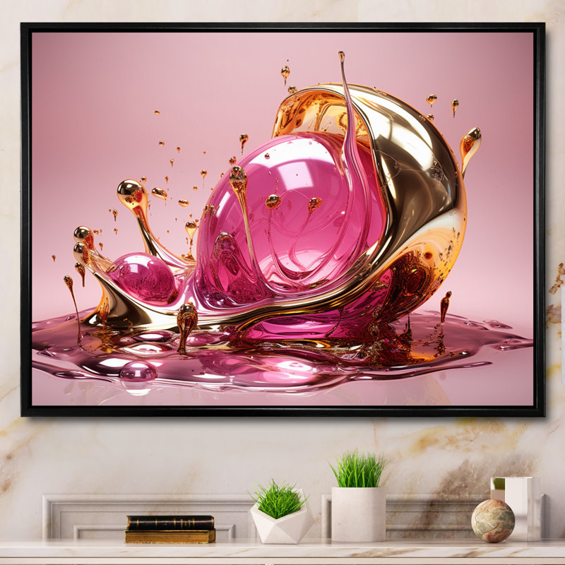 Art liquide avec effervescence glam or rose, Cadre flottant noir, H 30 po x l 40 po x P 1,5 po