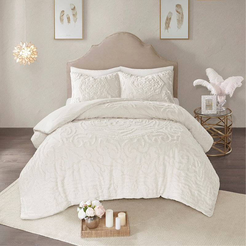 Ensemble d'édredon 3 pièces médaillon en chenille de coton touffeté, Blanc cassé, Édredon double et 2 taies décoratives