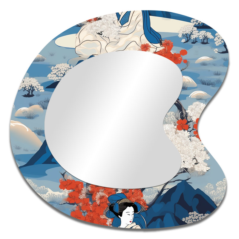 Caviness Ukiyo Japanese Woman In Retro Mountains - Woman Asymmetrical Decorative Mirror, Modern Unique Shape Wall Mirror, Printed Metal Art