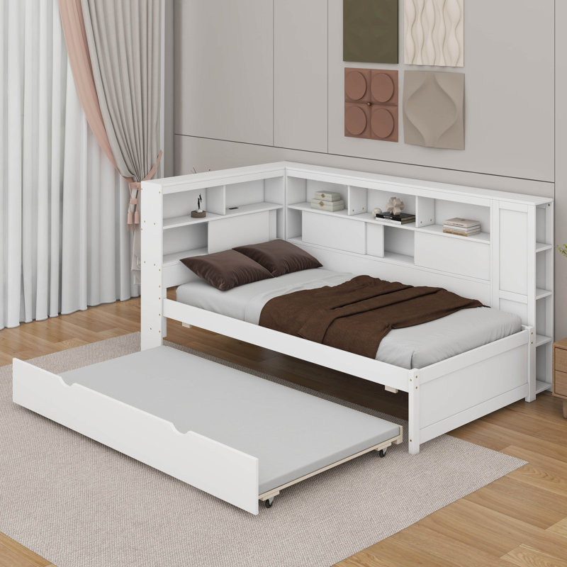 Lit de jour simple avec tablettes, USB et lit gigogne, Blanc