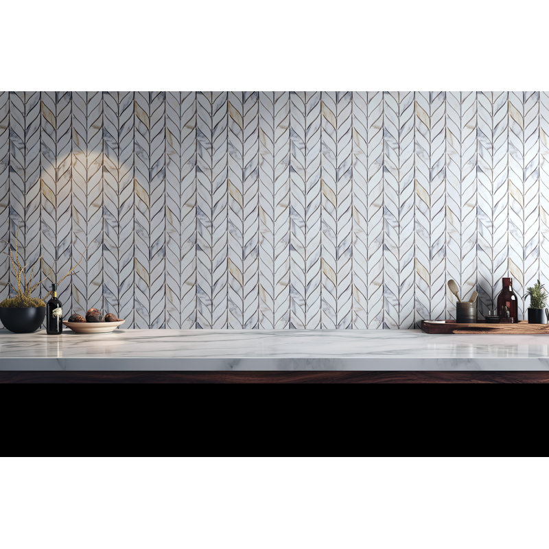 Leaf Pattern Marble Novelty Mosaic Tile, White/Gray/Gold