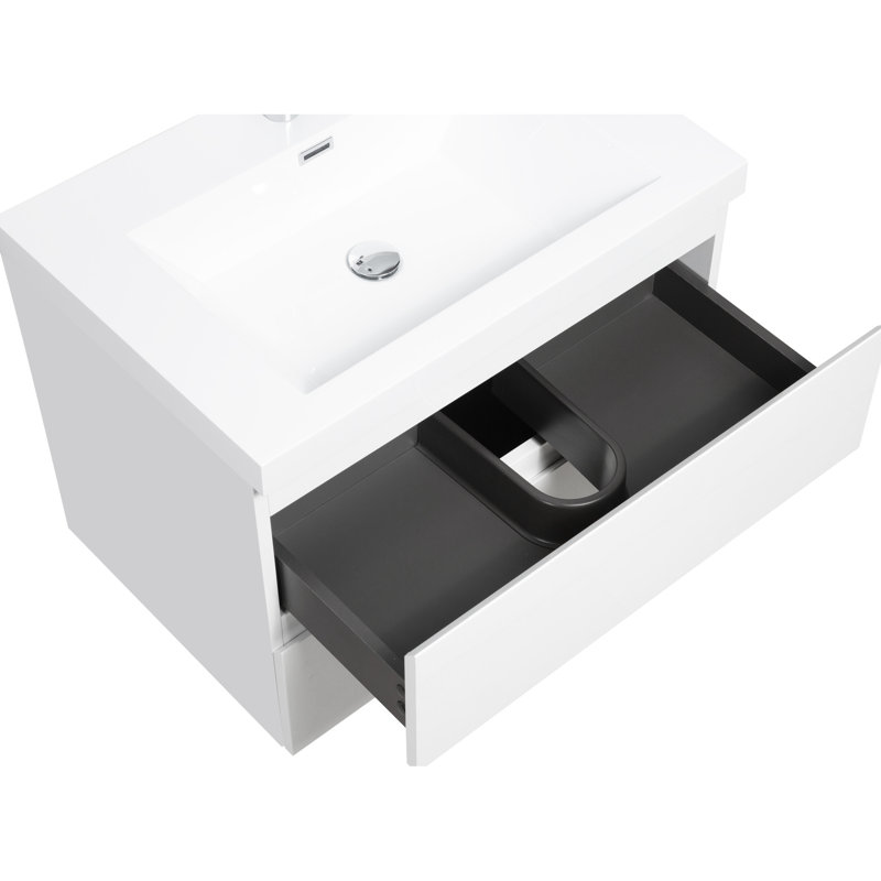 Meuble-lavabo flottant de 30 po avec lavabo, armoire moderne. Lavabo en résine, tiroirs à fermeture en douceur. Blanc brillant 24V11-30Gw. Rangement mural. Élégant