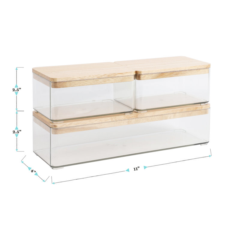 Thomas Martha Stewart Stackable Plastic Storage Box Set with Wooden Lids, Clear/Light Natural