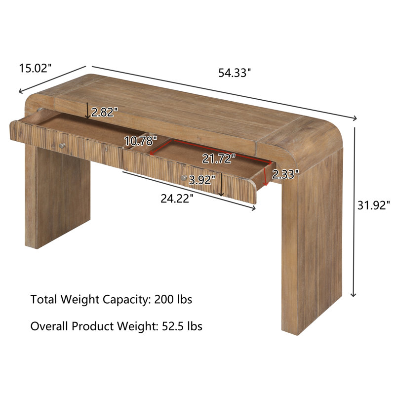 Raize Rustic Console Table With Fluted Drawer Front, Natural Wood