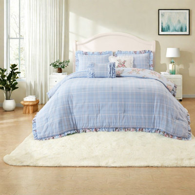 Ensemble de literie pour très grand lit, édredon en microfibre à motif floral bleu