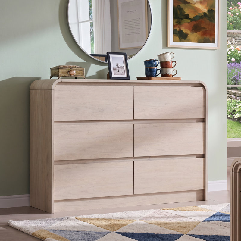 Commode moderne à 6 tiroirs pour la chambre à coucher Maud, commodes en bois de 47 po de largeur et commodes à profil courbé, commode moderne de style Mid-Century avec texture naturelle pour la chambre à coucher et le salon