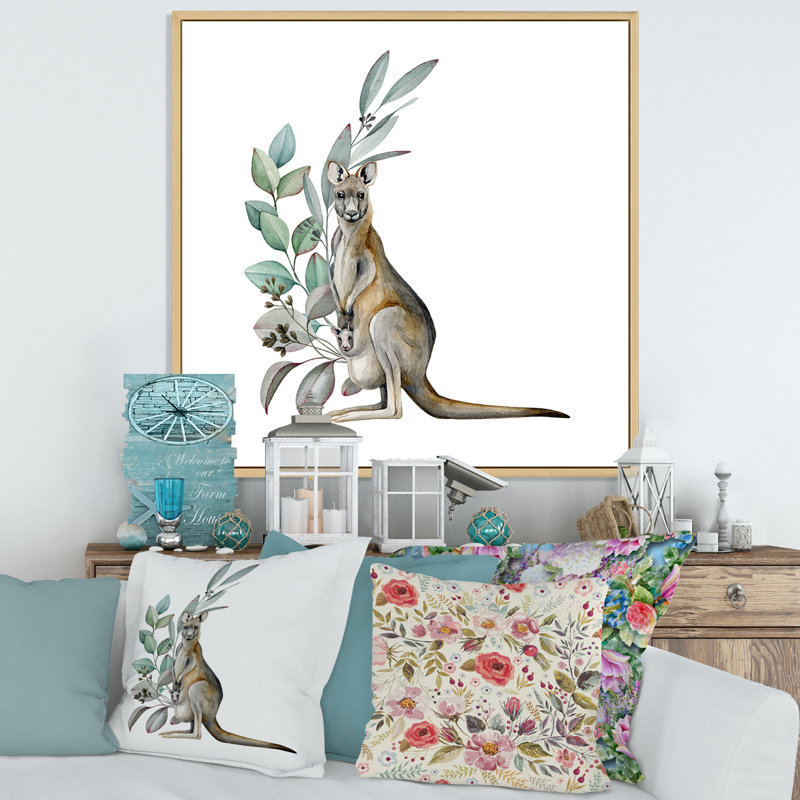 Kangourou avec feuilles d'eucalyptus - Peinture sur toile, H 30 po x l 30 po x P 1 po, Cadre flottant en érable