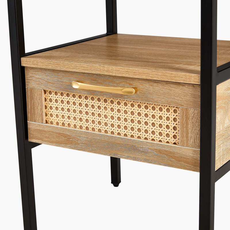 Rattan End table with Power Outlet & USB Ports, Natural/Black, 2