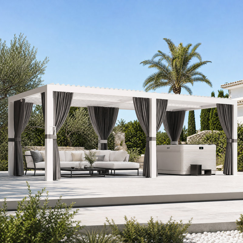 Pergola Aurora 12 'x 24' avec amants réglables à double couche, système de gouttière intégré et prise d'alimentation USB, moustiquaire et rideaux
