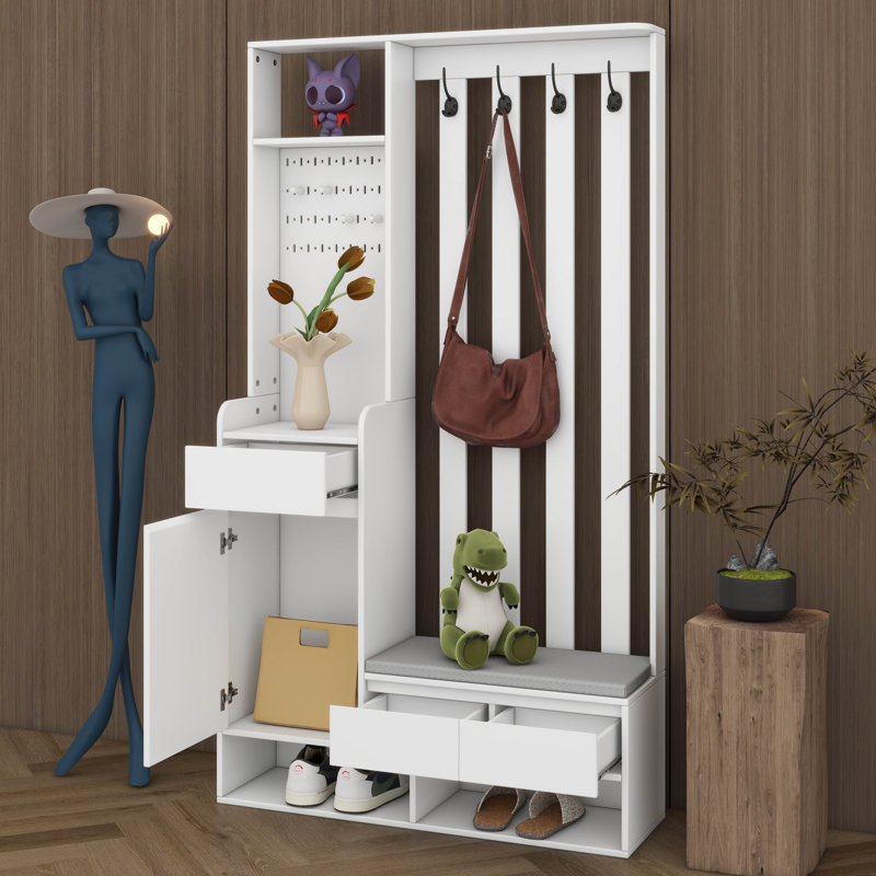 Arbre d'entrée polyvalent 6 en 1 avec banc de rangement rembourré, armoire à chaussures avec panneau perforé, portemanteau en bois avec 4 crochets