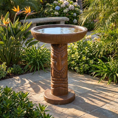 Hawaiian Tiki Concrete Bird Bath Outdoor, Rustic Wood Textured Concrete Pedestal Birdbath, Tropical Tribal Tiki Statue Bird Water Bowl for Backyard Garden Landscape Decoration