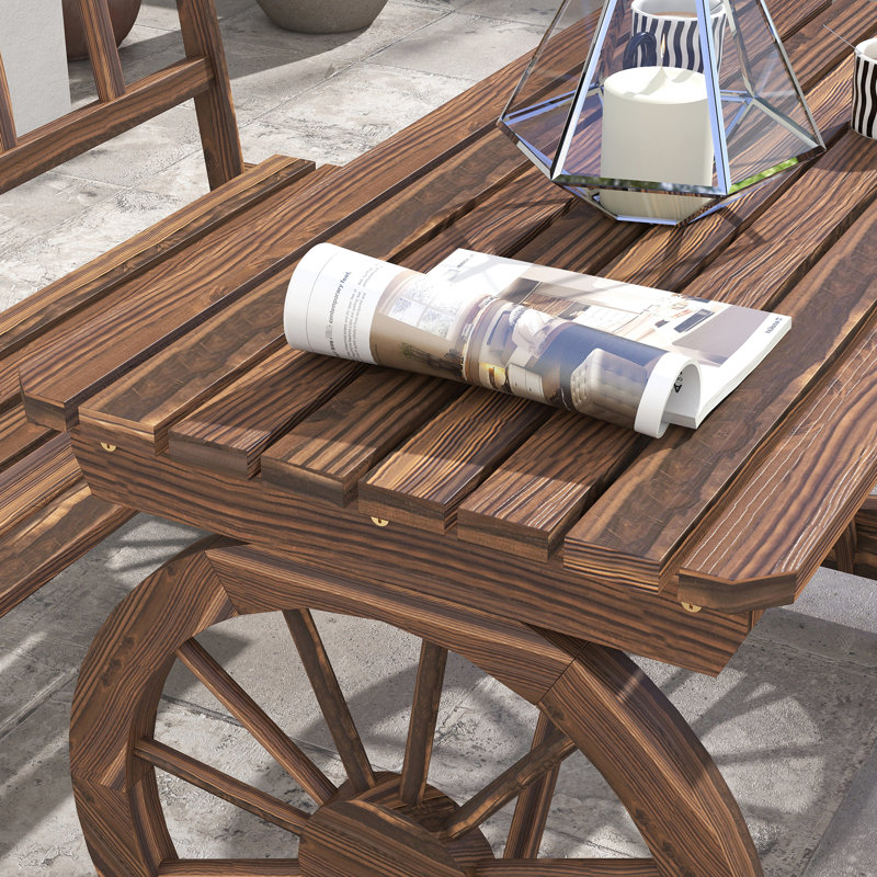 Table de patio et chaises d'extérieur pour 4 personnes, bois de pin avec roue de chariot pour une utilisation dans le jardin 3 pièces