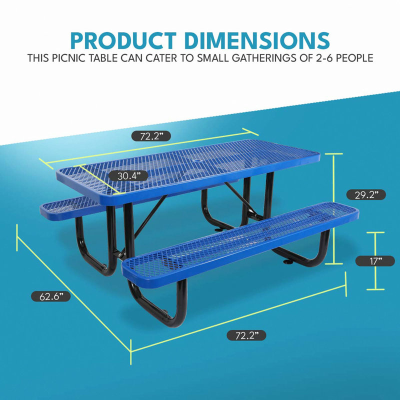 Table de pique-nique rectangulaire en acier pour l'extérieur 6 pi., Bleu