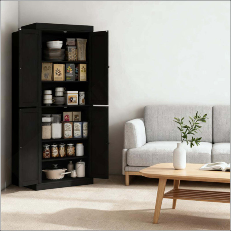 Armoire de cuisine, armoire de cuisine autoportante, armoire de rangement avec portes et tablettes, Noir