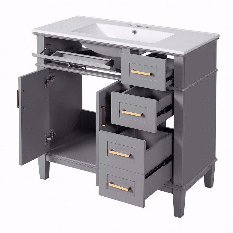 Meuble-lavabo moderne 36 po gris avec lavabo en céramique, portes à fermeture douce, 4 tiroirs de rangement, design élégant