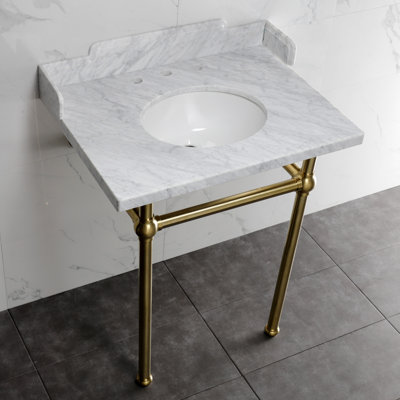 Kingston Brass Pemberton 30-Inch Carrara Marble Console Sink with Brass Legs (8-Inch, 3-Hole)