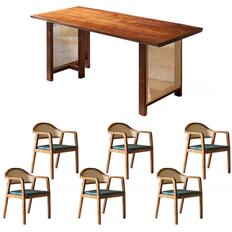 Rattan solid wood dining table set, 29.13"H x 62.99"L x 33.46"W