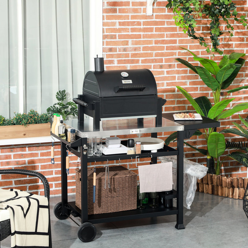 Chariot de barbecue extérieur avec bureau pliant, 46 po x 21,75 po, acier inoxydable, table de préparation, noir amovible