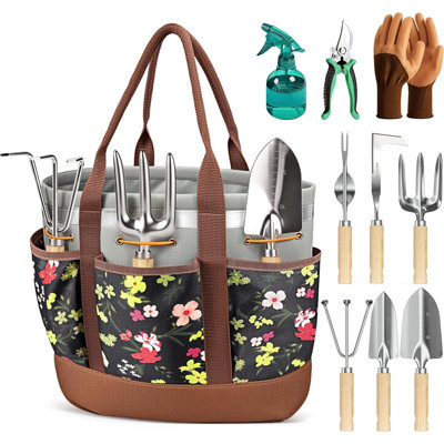 10-Piece Garden Tool Set, Heavy-Duty Stainless Steel Rust-Proof Gardening Tools With Ergonomic Wood Handles, Reinforced Organizer Handbag For Planting, Gardening Gift Set For Women, Mother