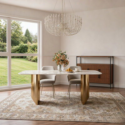 Modern 55 in. white faux marble sintered stone dining table with gold stainless steel pedestal base, seats 4 to 6