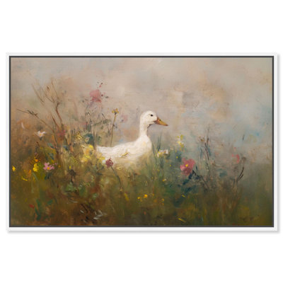 Duck in Wild Bloom Canvas Print Vintage Wall Decor by Art Remedy, White Frame, 24 x 16