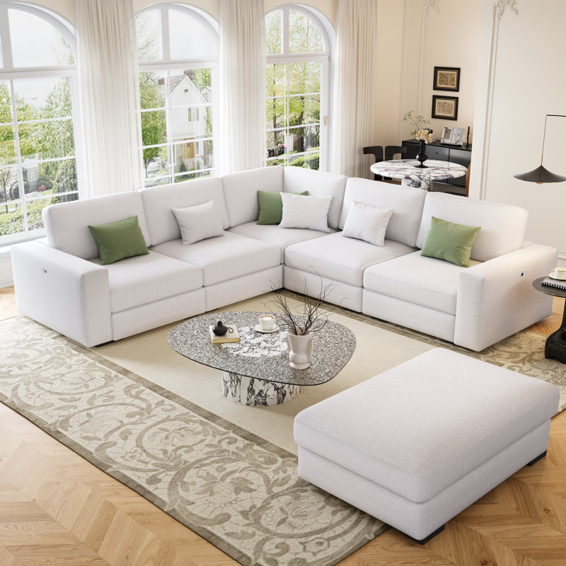 Canapé modulaire rembourré avec repose-pieds 6 pièces 127 ", Lin gris