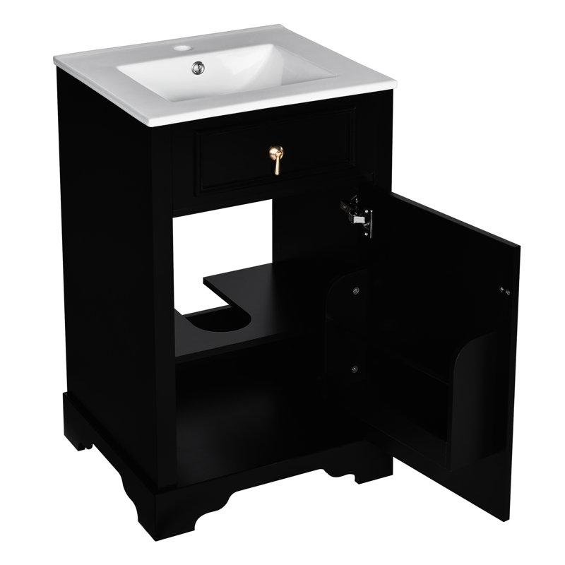 Meuble-lavabo compact de 20 pouces avec lavabo en céramique, structure en bois massif et tablette ajustable. Petit espace amélioré. Attrait moderne. Porte à fermeture en douceur, tablette. Porte-porte. Finition noire.