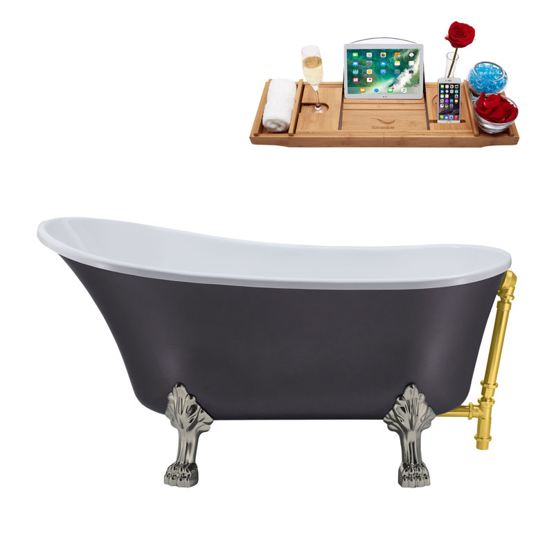 55" Streamline Clawfoot Soaking Acrylic Bathtub With Drain, Clawfeet, and Bamboo Tray, Polished Gold, Brushed Nickel