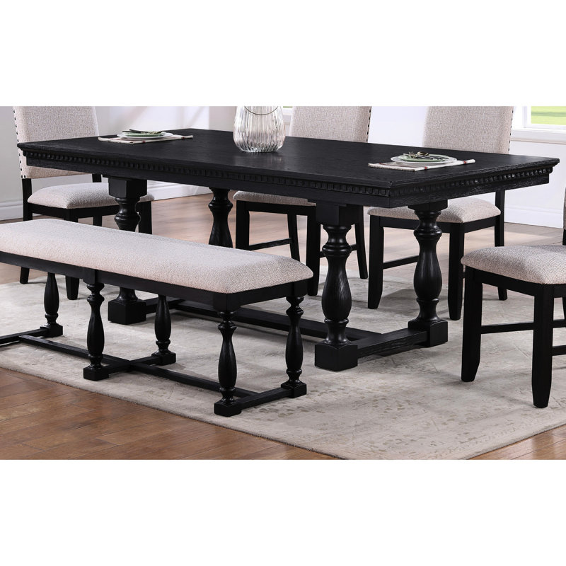 Table de salle à manger de style rustique, en bois massif rectangulaire, fabrication tréteaux, finition foncée, 6 chaises en, pieds, sièges