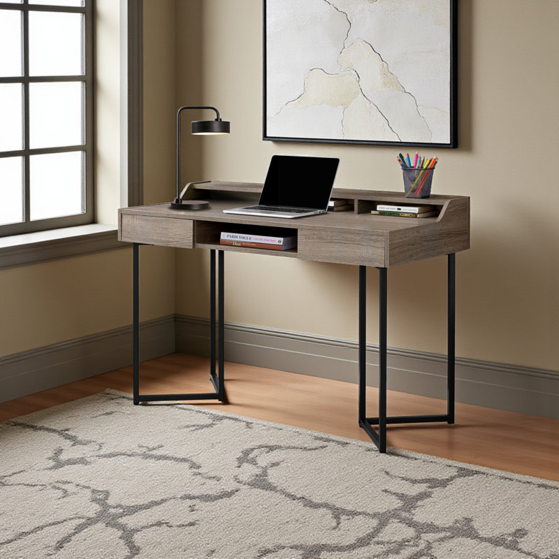 Asleesh Brown Top and Black Metal Leg Computer Desk with Hutch, 32.62" H X 47.75" W X 21.73" D