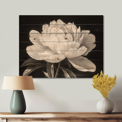 Pivoine blanche et noire Elegance II - impression de pivoines sur bois de pin naturel