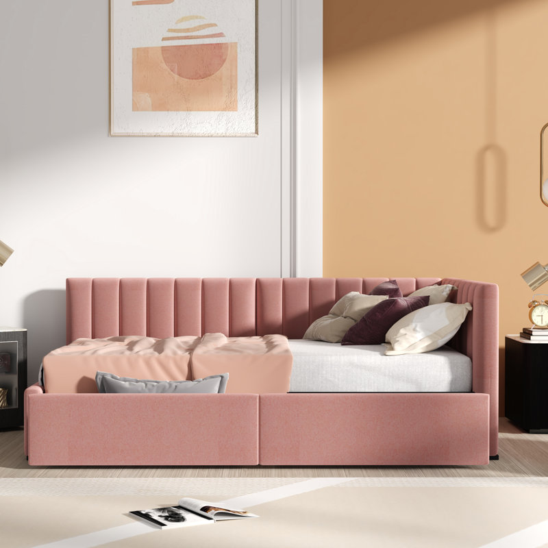 Lit de jour rembourré en tissu avec deux tiroirs de rangement Gerniya, Rose
