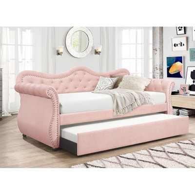 Lit de jour rose capitonné avec lit gigogne - Structure en bois, revêtement en velours élégant, accoudoirs confortables en velours, sommier non requis