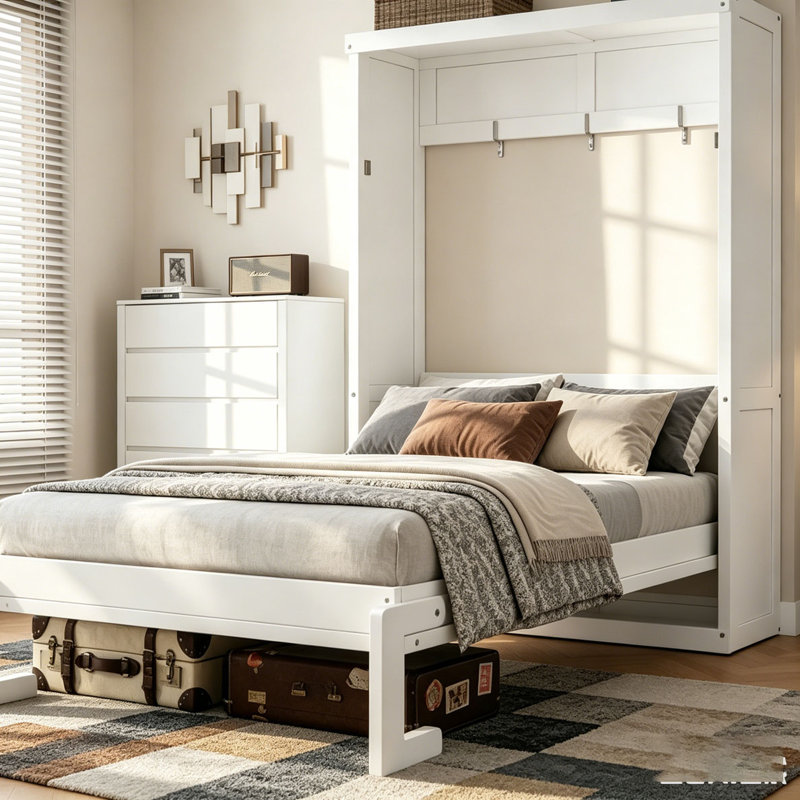 Lit escamotable double, peut être plié dans une armoire, Blanc, Double