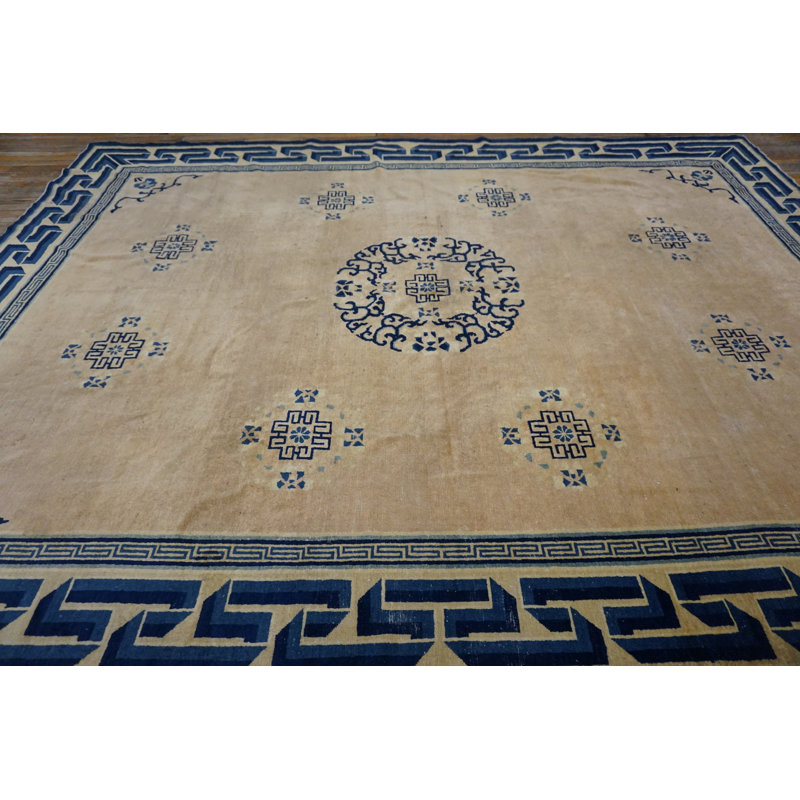 Geometric Greek Key Border Antique Floral Medallion Chinese Room Size Ivory Peking Rug