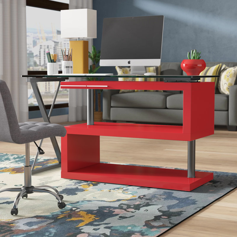 Folden L-Shaped Glass Top Computer Desk, Rose Pink